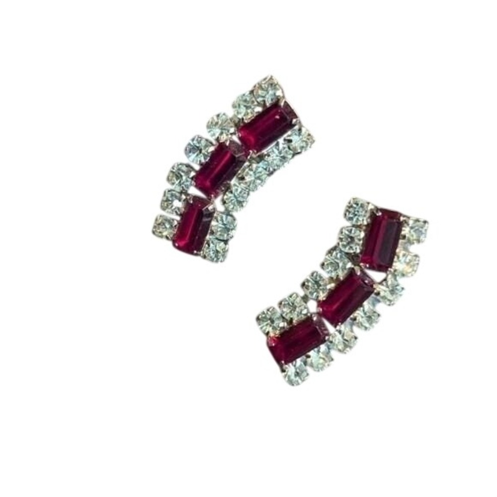 Vintage Ruby Red Baguette Clear‎ Rhinestone Silver Tone Clip On Climber Earrings